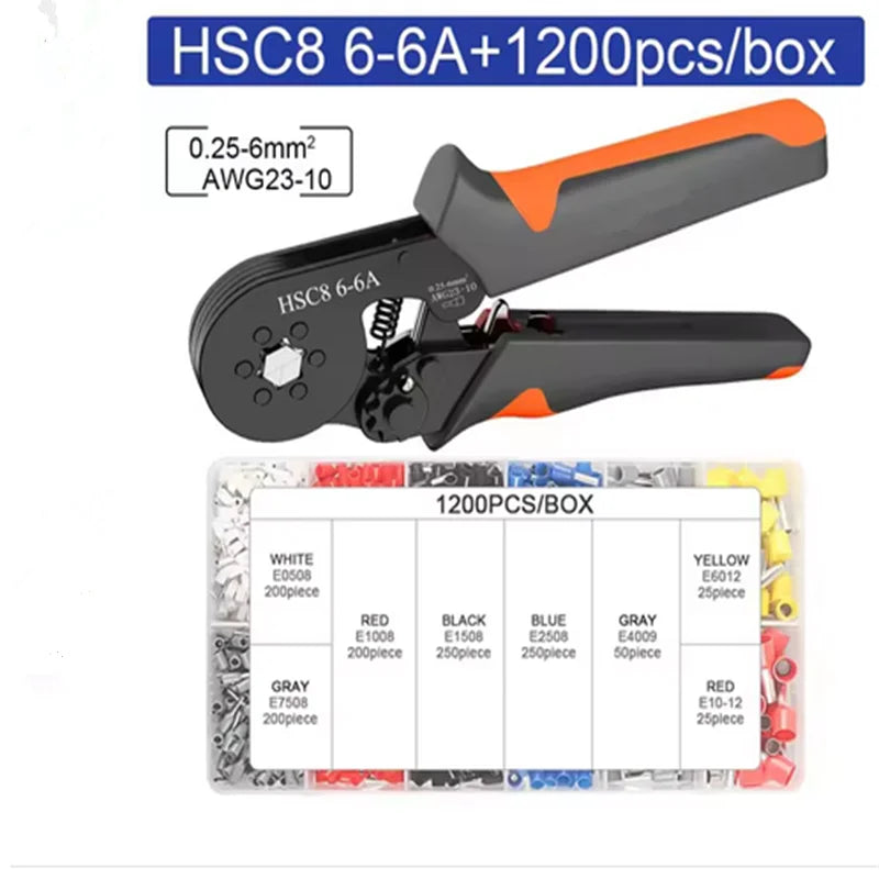 Hexagonal Self-Adjustable Ratchet Ferrule Crimping Tool Kit 23-10AWG 0.25-6mm² Crimper Kit with 400-2000pcs Wire Terminals 