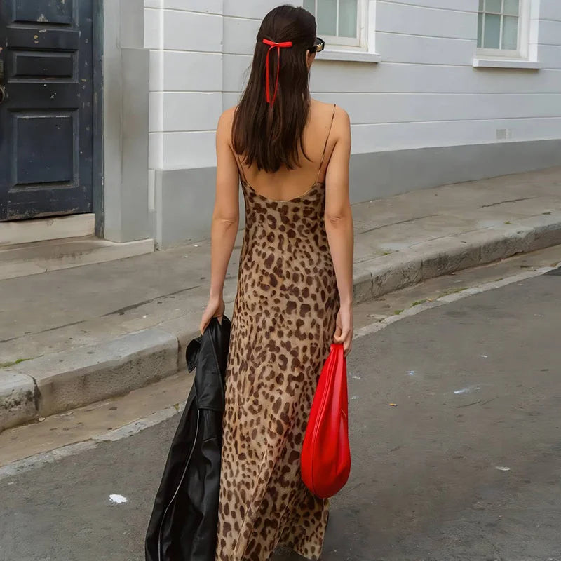 Vintage Leopard Print Sexy Cami Dress Women V Neck Sleeveless Party Dress Fashion 2024 Summer Streetwear Dress 