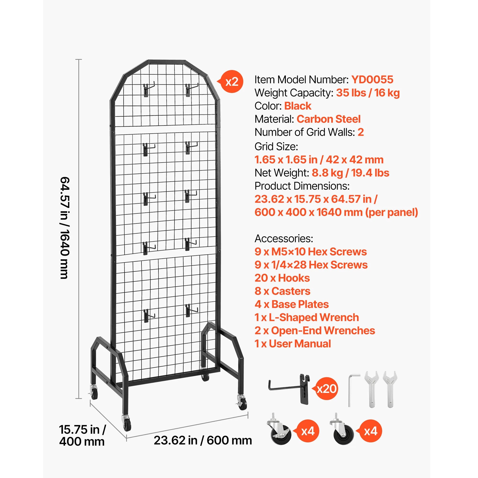 Rolling Grid Wall Display Panel with Hooks and Wheels