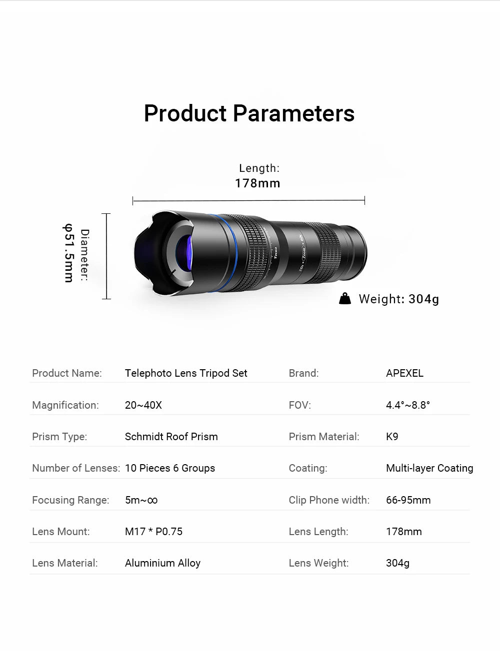 20-40x zoom telelens voor smartphone met statiefset