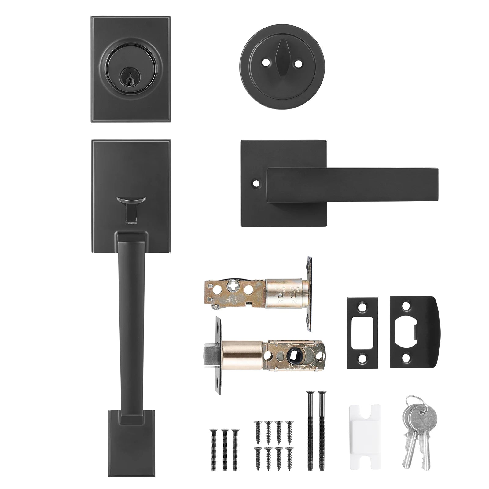 Matte Black Front Door Handle Set with Reversible Lever & Lock