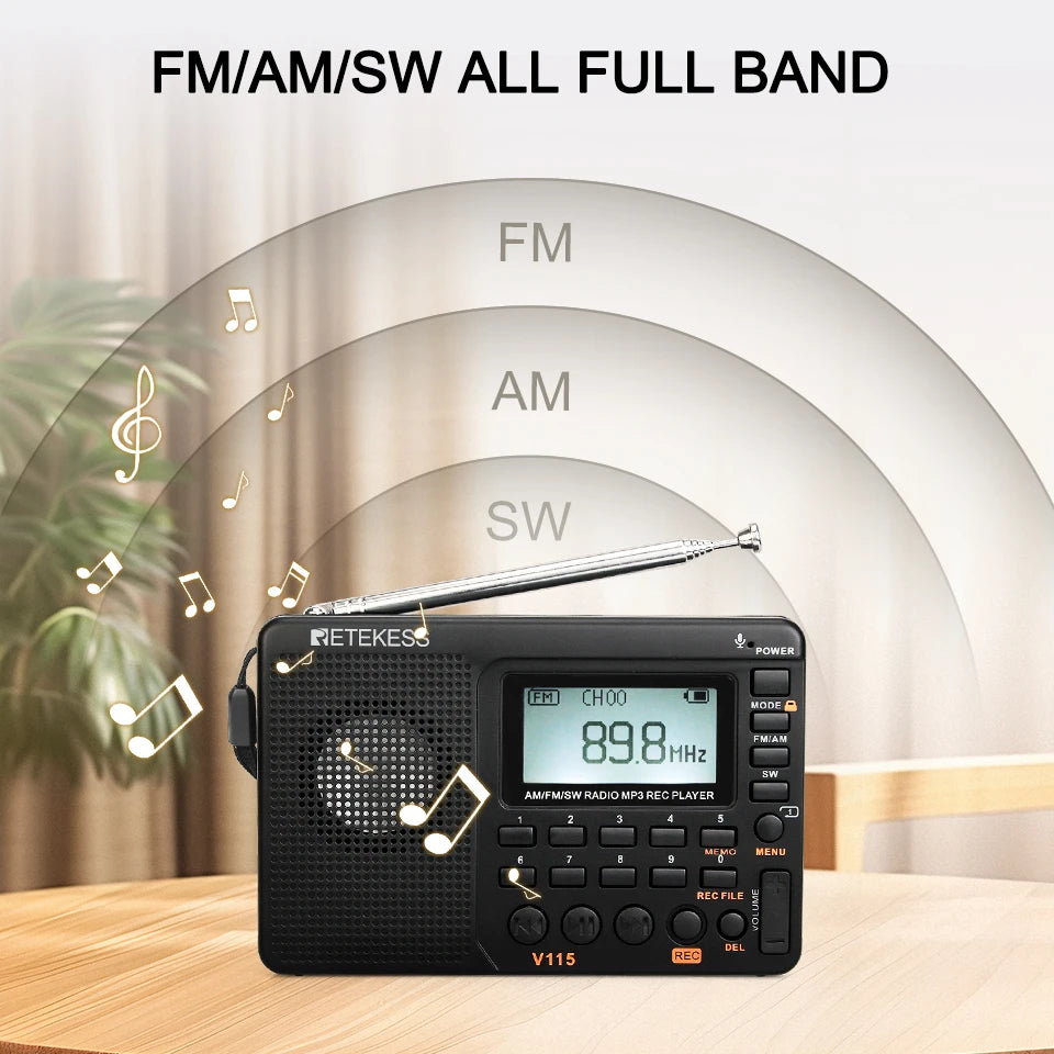 RETEKESS V115 Radio FM AM SW Portable Radios Rechargeable  Radio Batteries multiple bands  USB Recorder Speaker for Elders TX32 