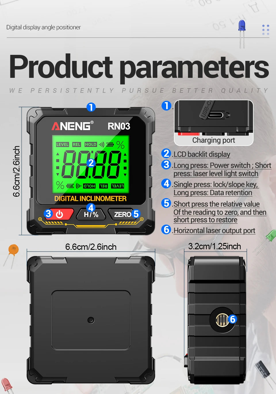 Digital Angle Gauge 0.05° Accuracy 360° Magnetic Inclinometer