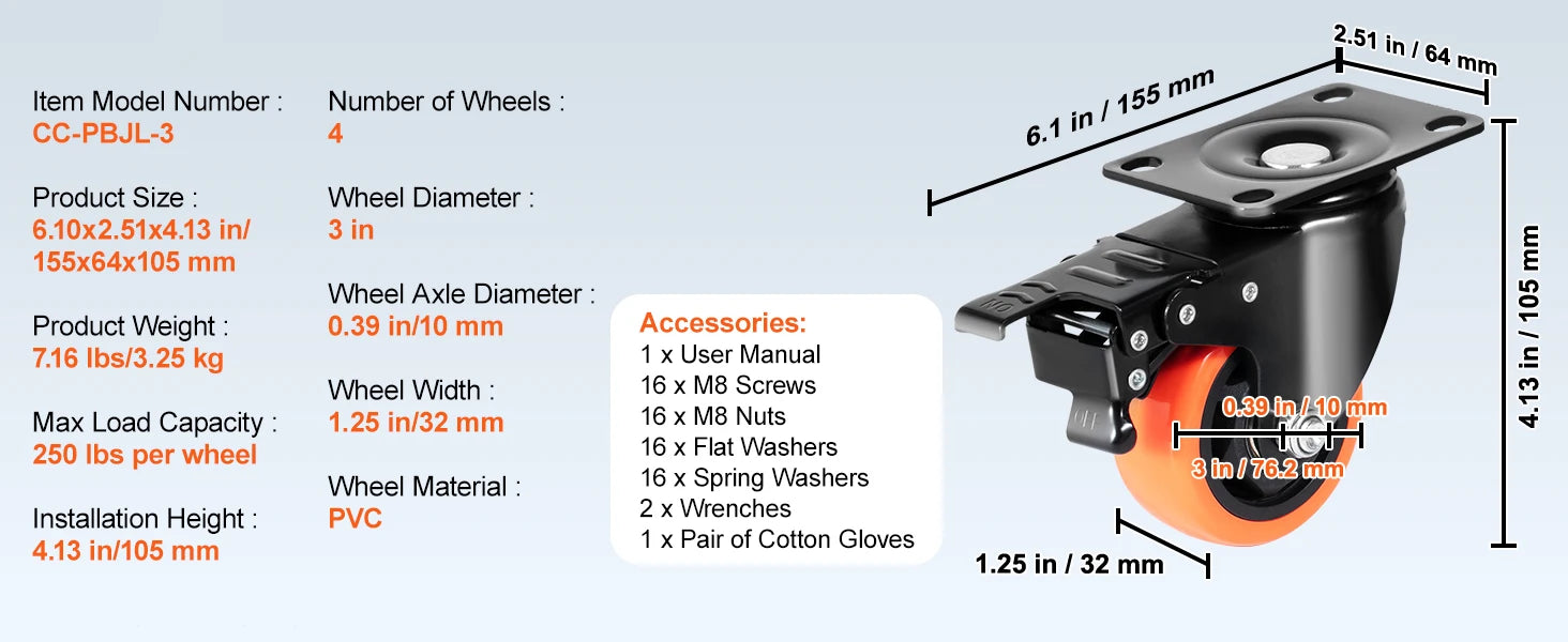 Swivel Plate Caster Wheels Set of 4 with Dual Lock Brakes