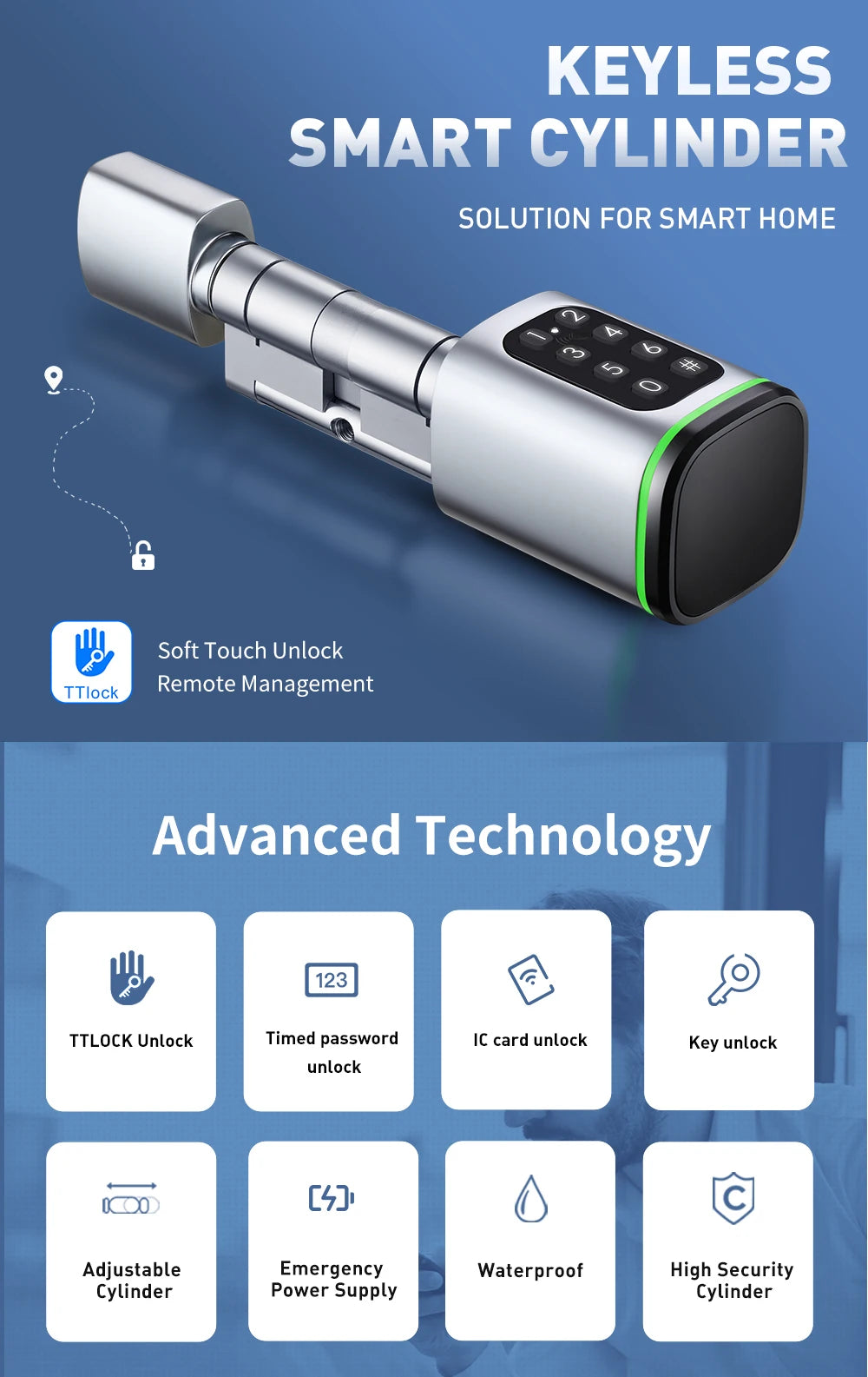 TTLock Smart Lock Cylinder with Keypad, APP Password IC Card Mechanical Key, Adjustable Euro Profile Door Lock