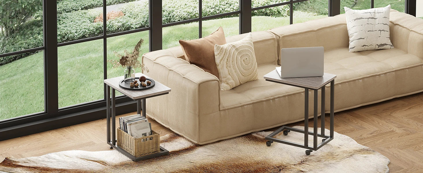 Rolling Overbed Sofa Table with Wheels Metal Frame C-Shape Desk