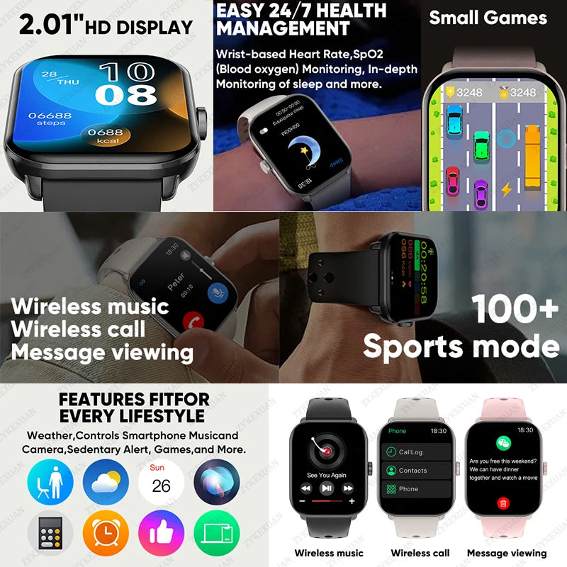 Ceas inteligent cu apelare Bluetooth de 2,01 inch pentru Android și iOS