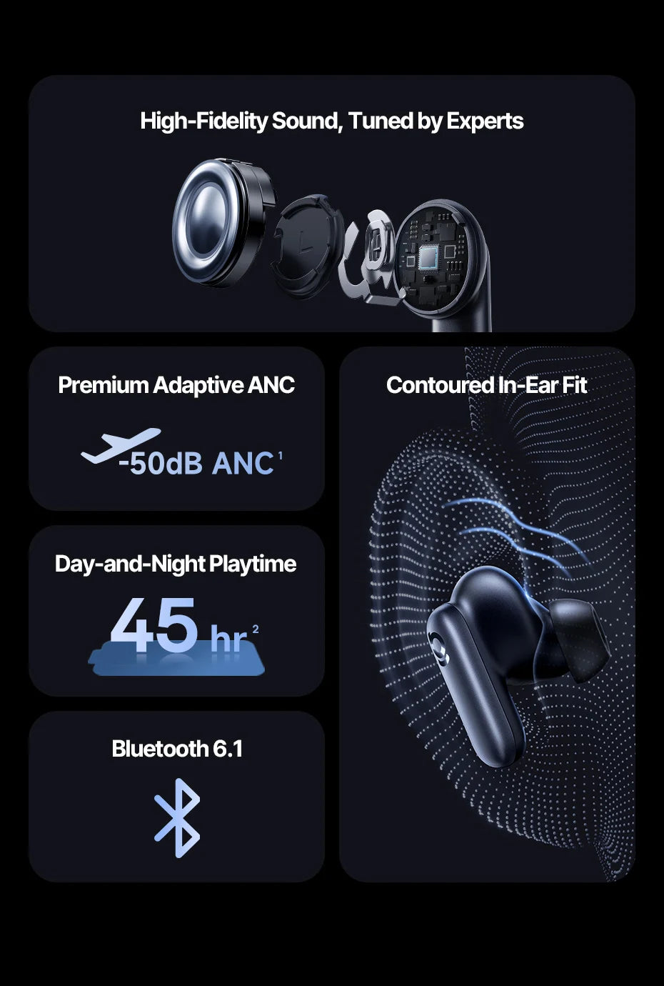 Draadloze oordopjes met adaptieve ANC, Dolby Audio en 45 uur batterijduur