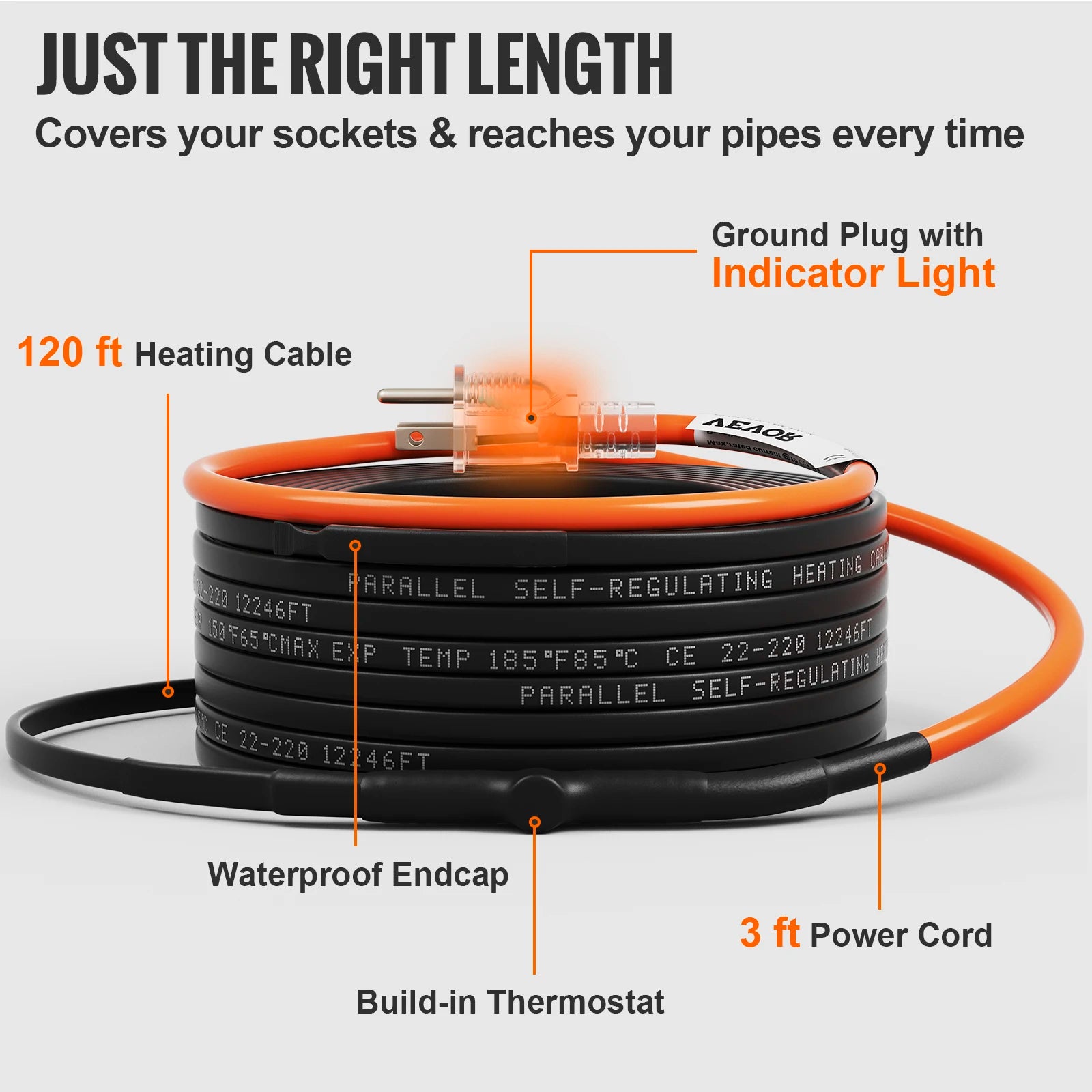 Self-Regulating Pipe Heating Cable for Freeze Protection 24–120ft