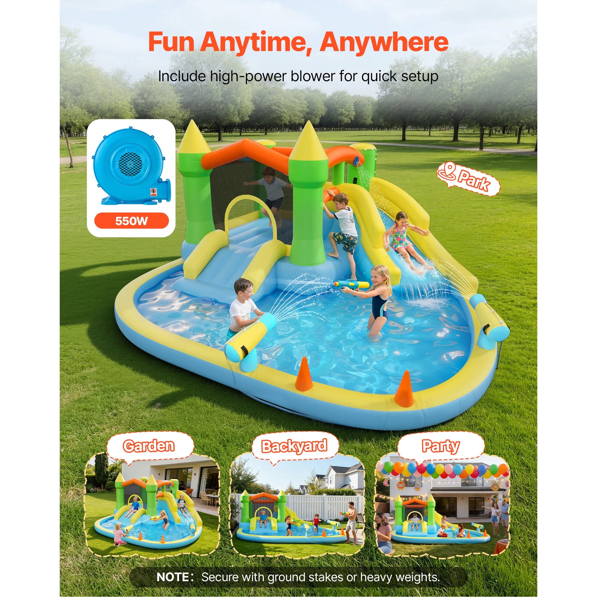 Castello Gonfiabile con Scivolo d'Acqua, Piscina con Spruzzi e Giochi