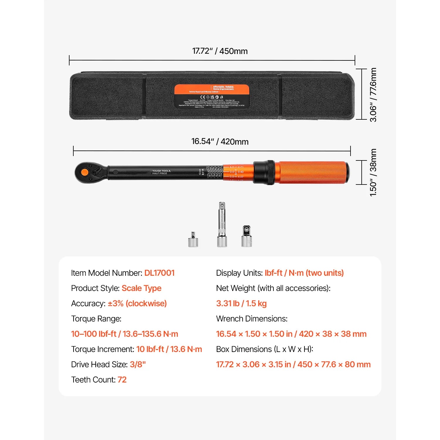 Adjustable Click Torque Wrench Set with Dual Scale Precision