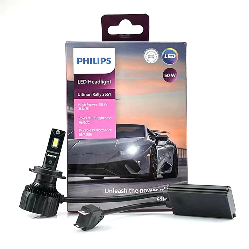 Philips LED H7 Ultinon Rally 3551 Maks Kraft 50W 4500LM Bilforlygter 6500K Hvid LED Lamper Maks Lumen Watt PX26d LUM11972U3551X2
