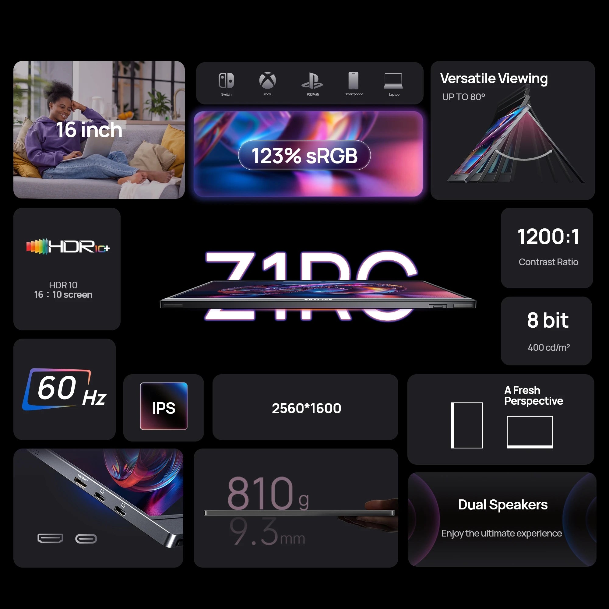 ARZOPA 16inch 2K Přenosný monitor 16:10 IPS obrazovka s typ-c mini hdmi Druhý displej pro MAC/Laptop/PC/Xbox/PS4/5/Switch,Z1RC