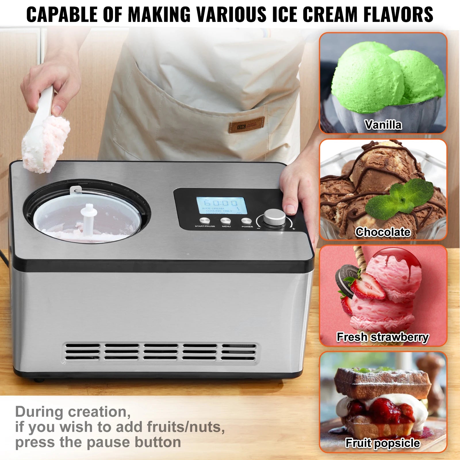 Automatic Ice Cream Maker 2Qt with Compressor No Pre-Freezing