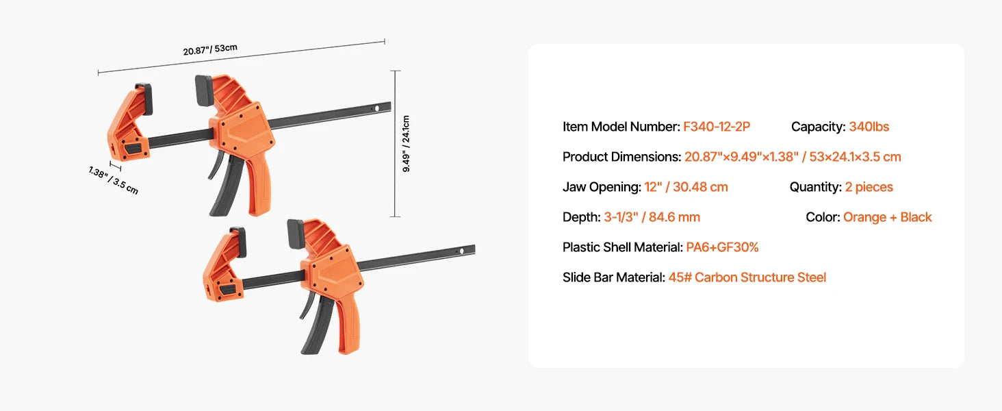 SucceBuy bøjle-klemmer 2 stk. 50" parallelle klemmer sæt F-klemme med belastningsgrænse 1100 lbs højstyrke plast og kulstofstål træklamp