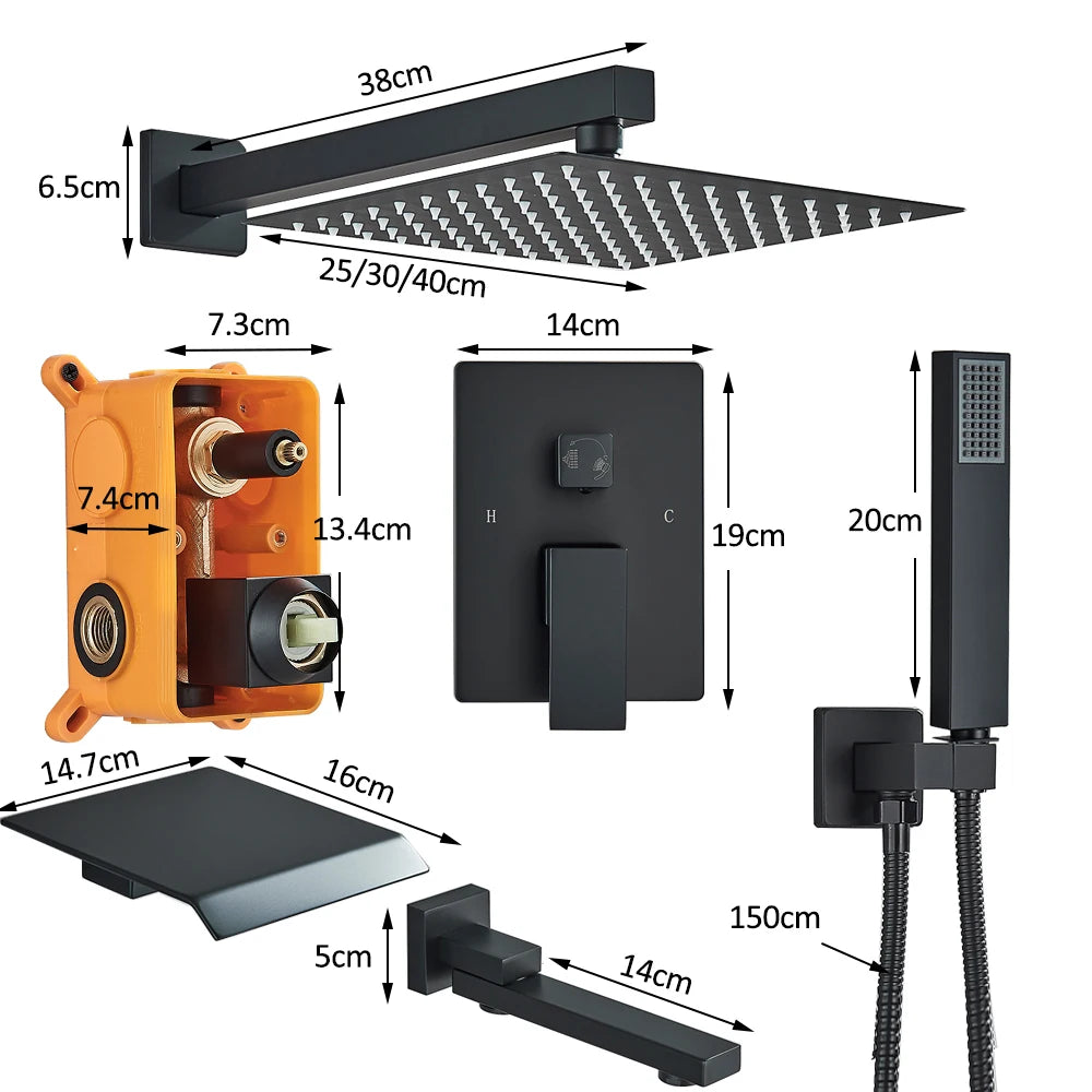 Matte Black Concealed Shower System with Rainfall Head & Tub Spout
