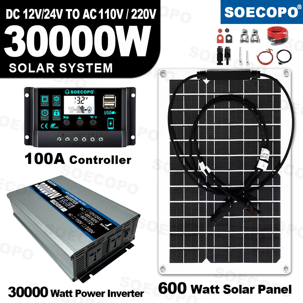 Emergency Off-Grid 30000W Solar Power Kit 12V/24V To 220V/110V Inverter(2200W Rate) |Flexible Solar |Controller for RV/Boat/Home