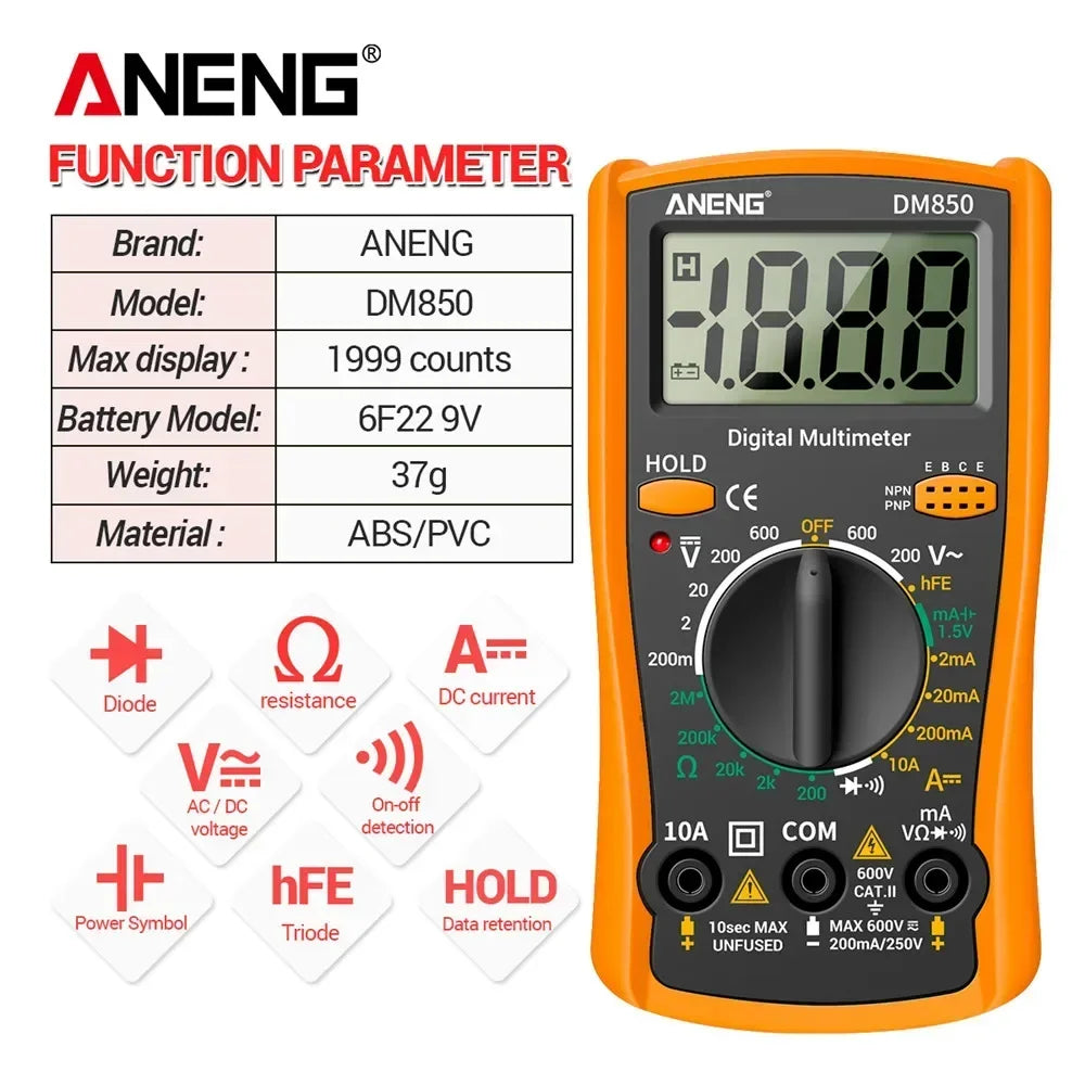 Digital Multimeter Professional 1999 Counts ANENG DM850 AC/DC Votage Current Tester Eletric Automatic Ohm Ammeter Detector Tools 