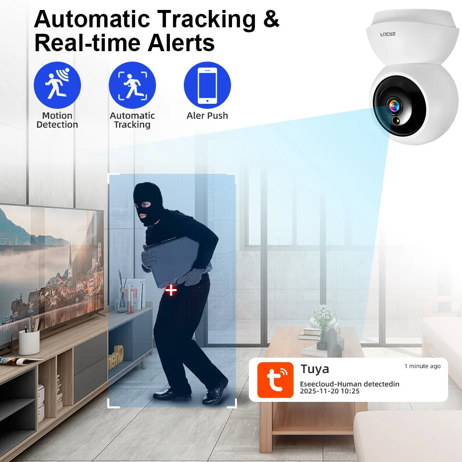 Caméra de sécurité intérieure WiFi 4K 8MP avec suivi automatique et contrôle via application