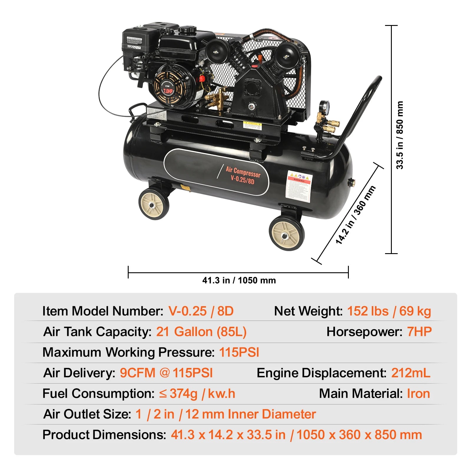 Compressore d’aria a gas 7HP/15HP SucceBuy, serbatoio per aria da 10/20/30 galloni, max pressione 115 PSI, per cantieri e officine.