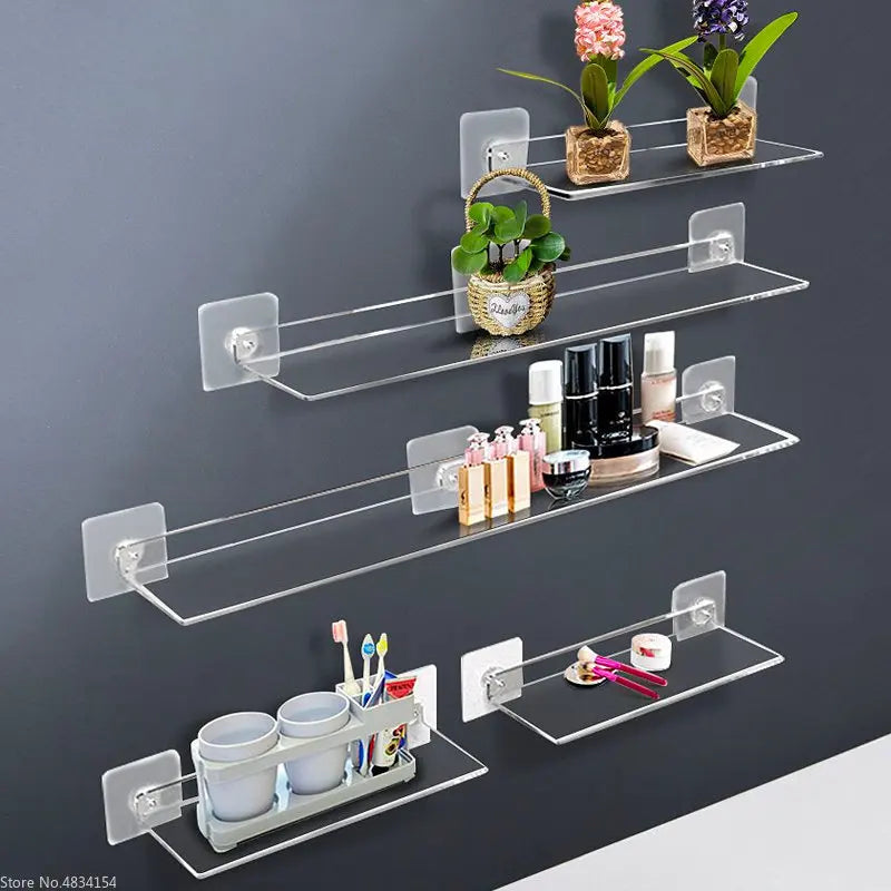 Storage Rack Acrylic Shelf Clear Wall Mounted Thick Transparent Floating Display Stick Bathroom Kitchen Ledge Organizer 20-50cm 