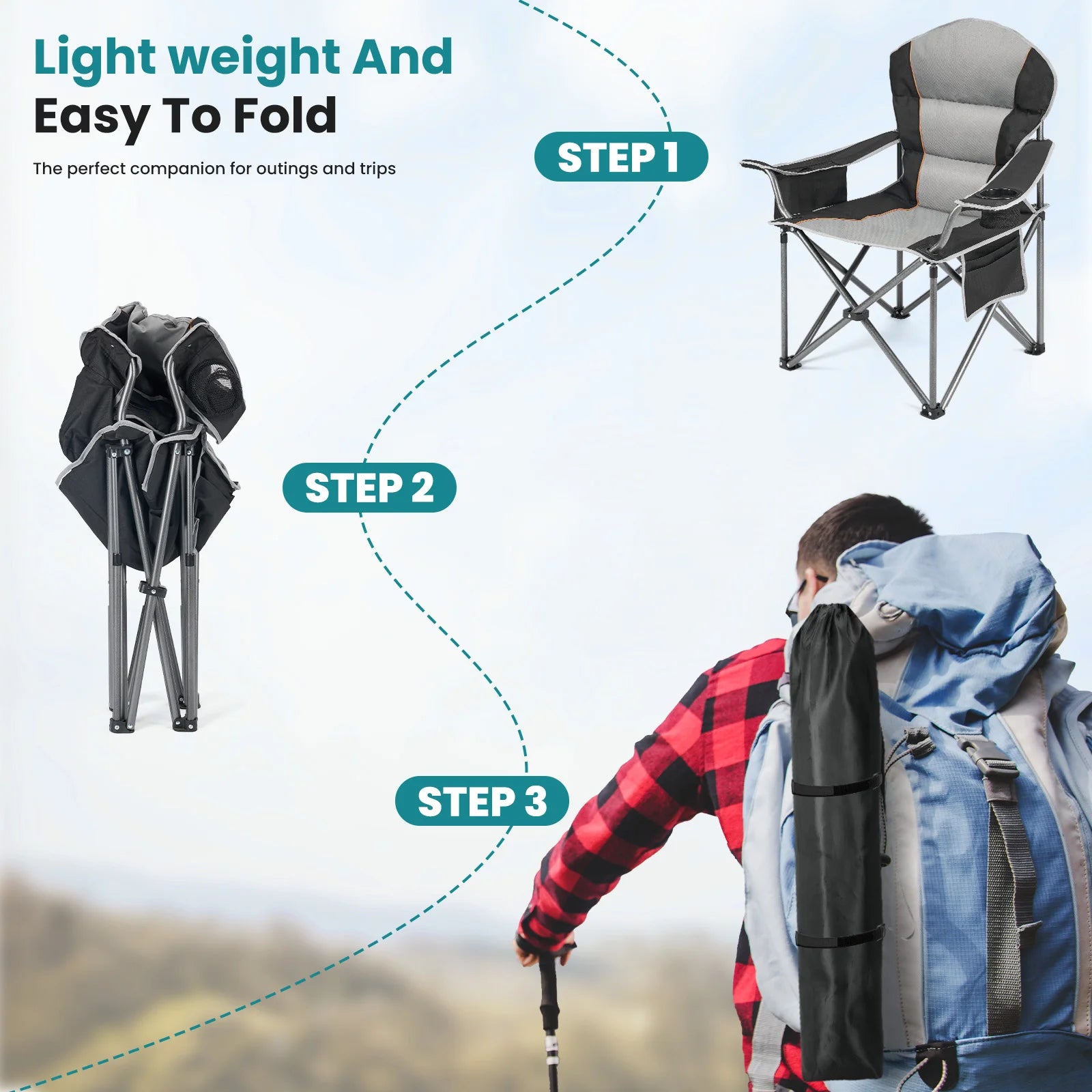 Chaise de camping robuste JHK capacité 450 lbs, chaise pliante portable avec porte-gobelet, cadre en acier solide, chaise d'extérieur pour camping