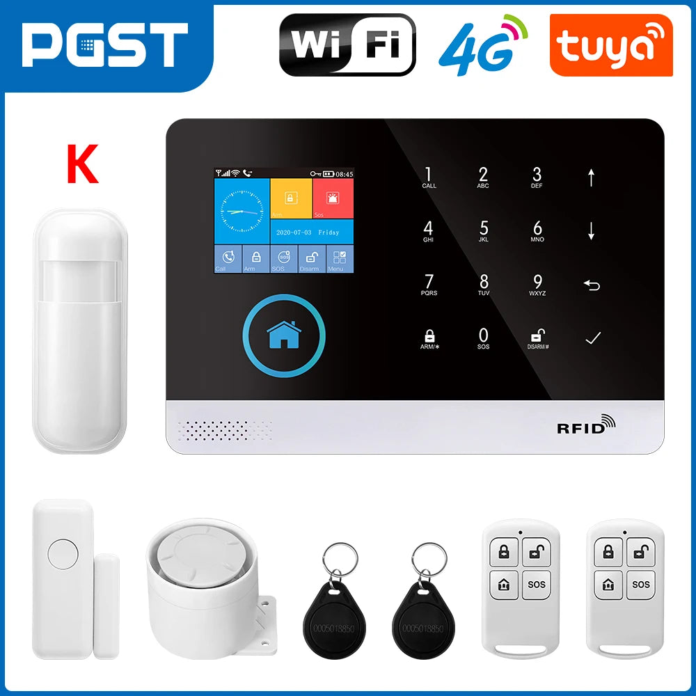 PGST 103 2.4 inch Screen 4G 2G WIFI GSM Home Bulgar Security System for Home 433MHz APP Control RFID Card with PIR Motion 