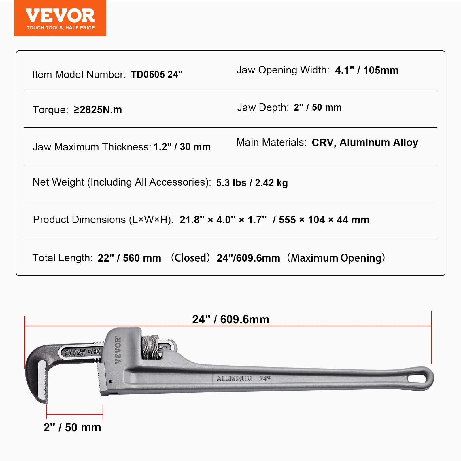24" Aluminum Pipe Wrench Adjustable 4.1" Jaw Heavy-Duty Grip
