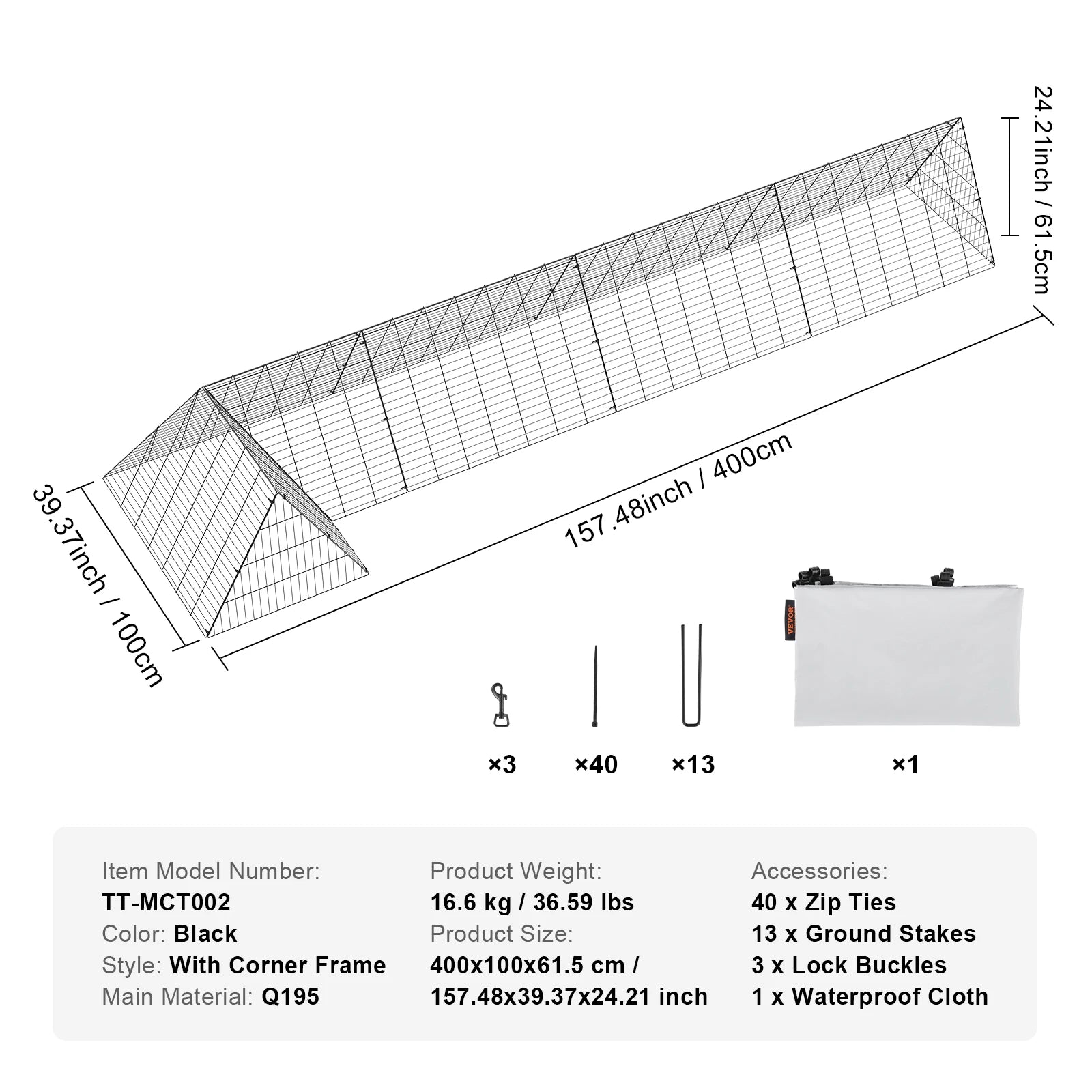 SucceBuy Hühner-Tunnel 157,5 x 39,4 x 24,2 in Hühner-Tunnel für den Hof Tragbare Hühner-Tunnel für Außen-Eckrahmen