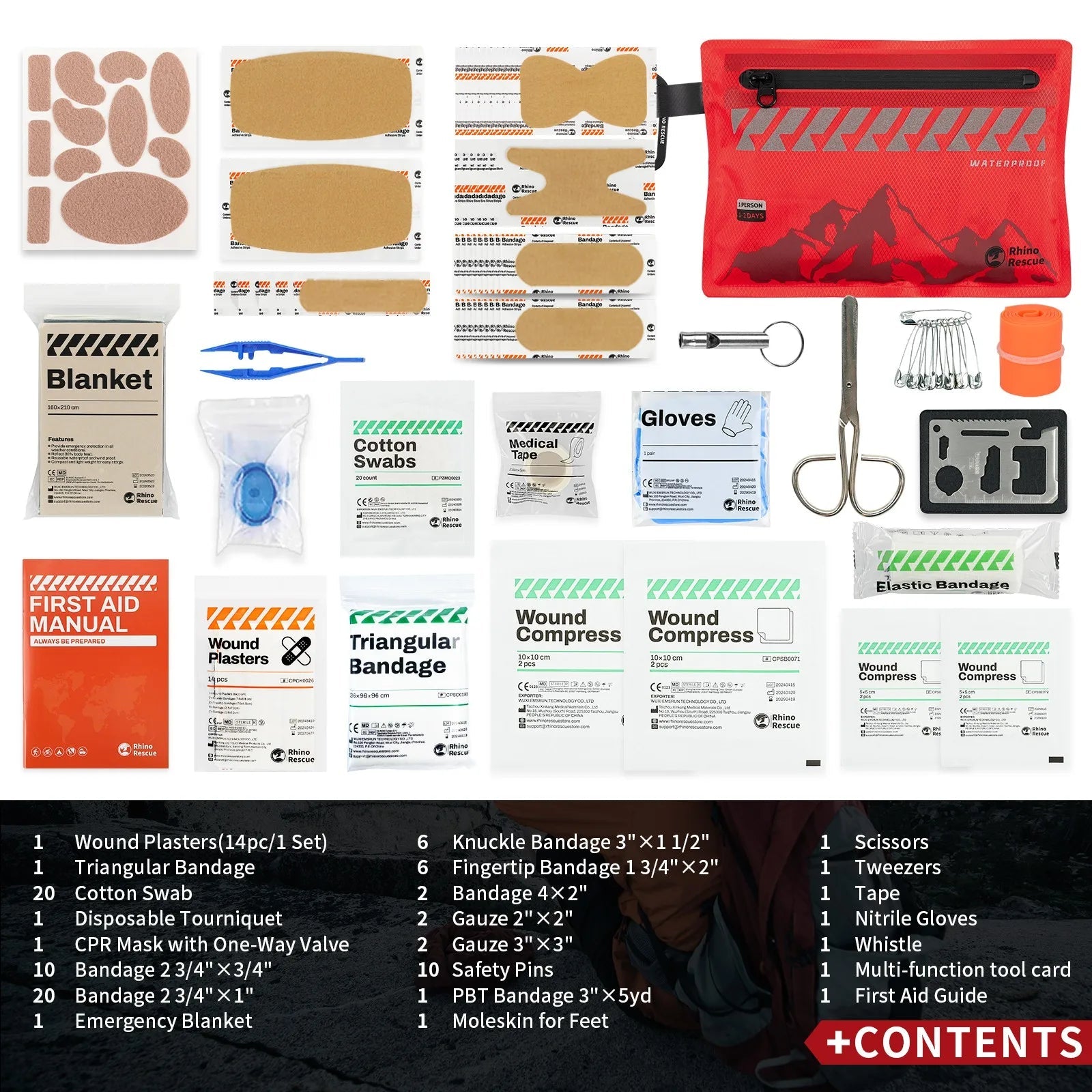 Small First Aid Kit RHINO RESCUE Ultralight Waterproof Medical Kit for Hiking Camping Backpacking Cycling Travel Vehicles 105PC 