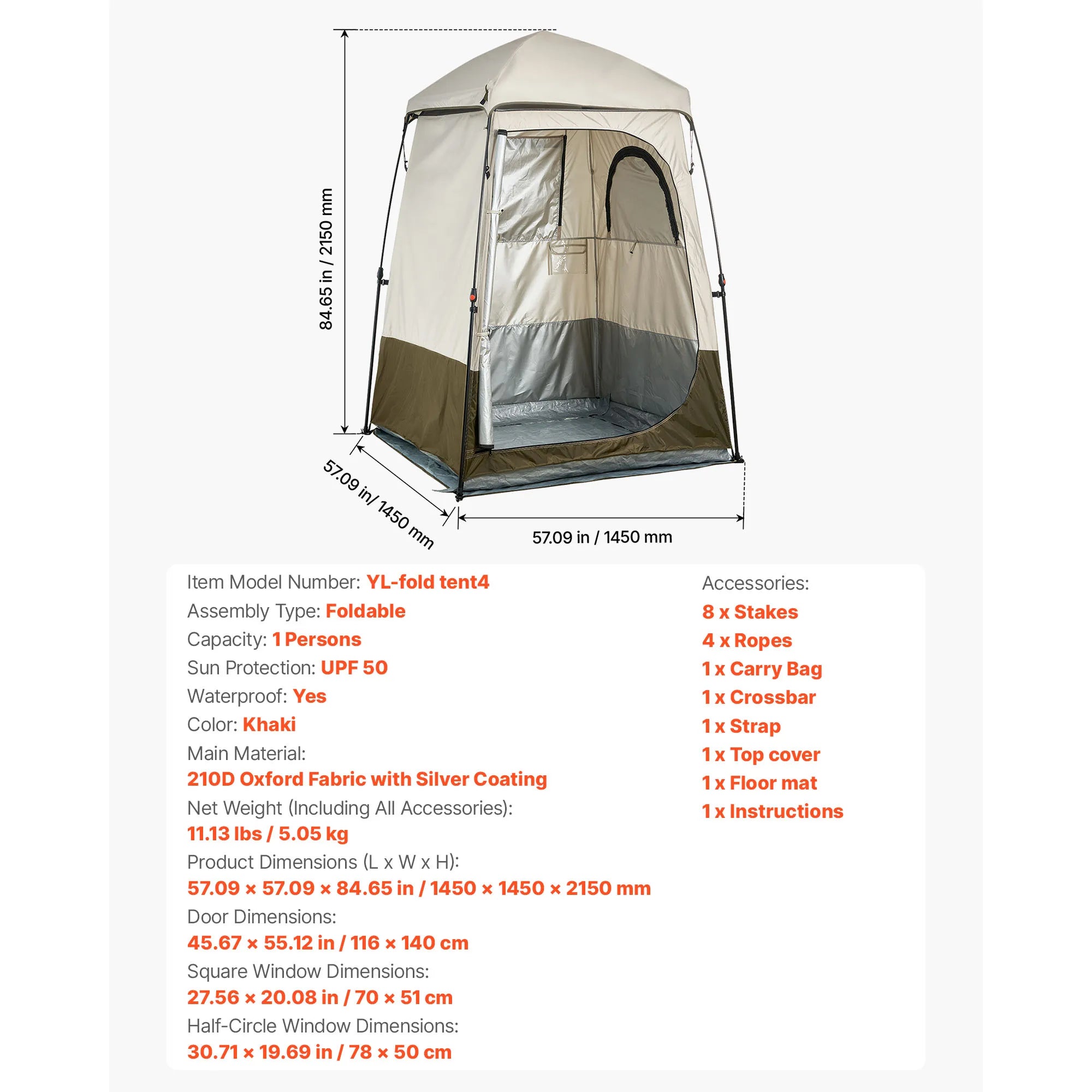 Tente de douche de camping SucceBuy, 1 pièce, pliable, tente d’intimité/changement avec piquets, cordes, sac de transport et traverse