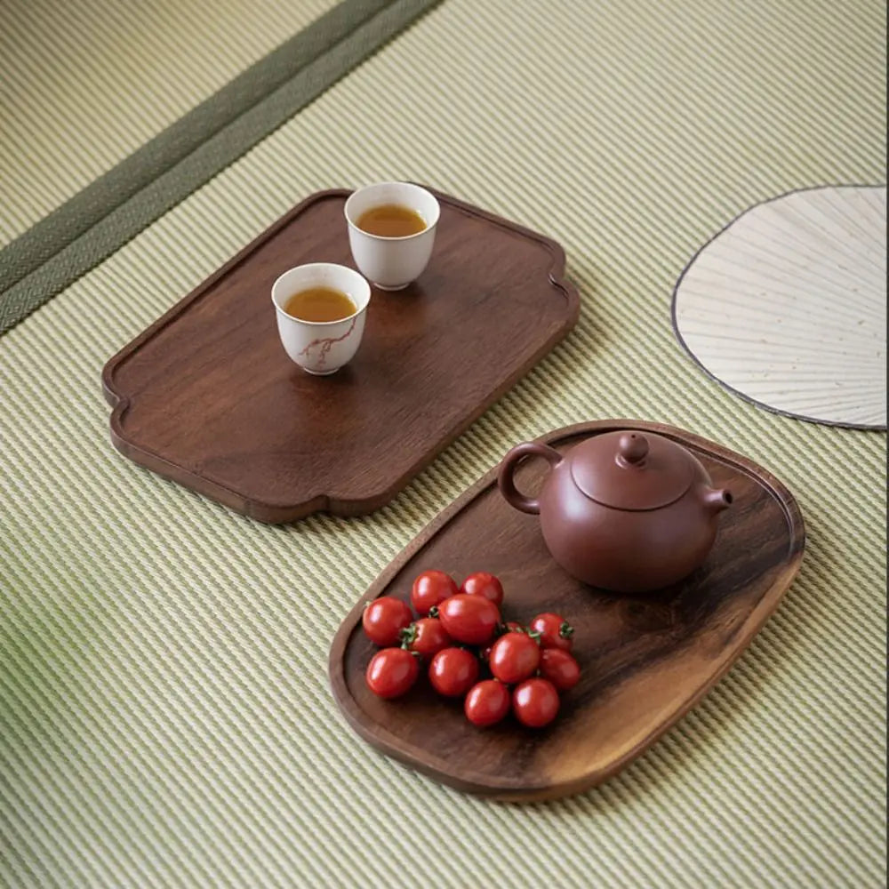 Walnut Round and Leaf Tea Tray, Retro Wooden Serving Platter