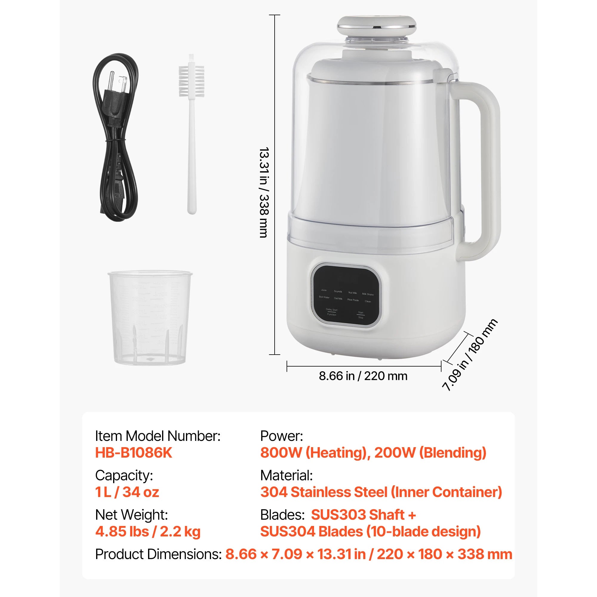 Preparatore di Latte di Noci 8-in-1 da 34oz con Autopulizia e Timer da 12h