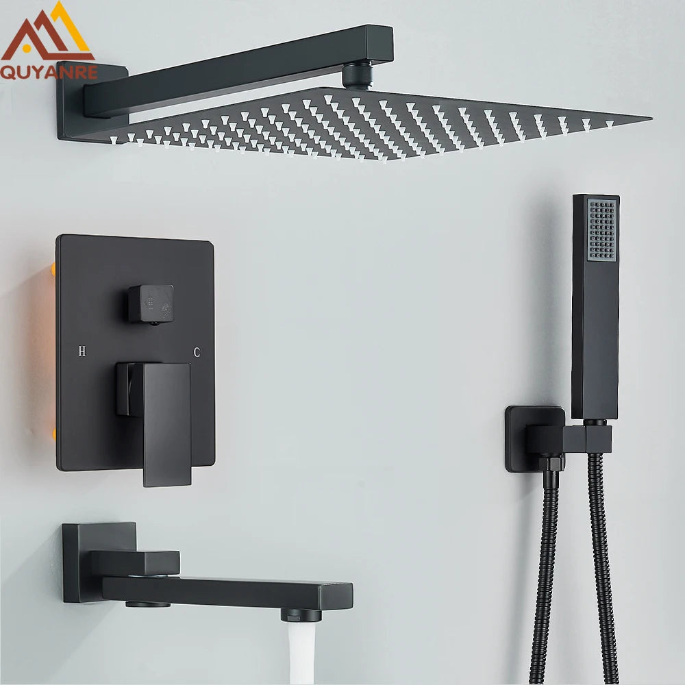 Matte Black Concealed Shower System with Rainfall Head & Tub Spout