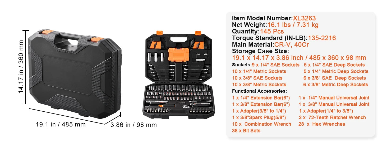 Zestaw narzędzi mechanicznych 450 elementów, nasadki calowe i metryczne 1/4, 3/8, 1/2 cala