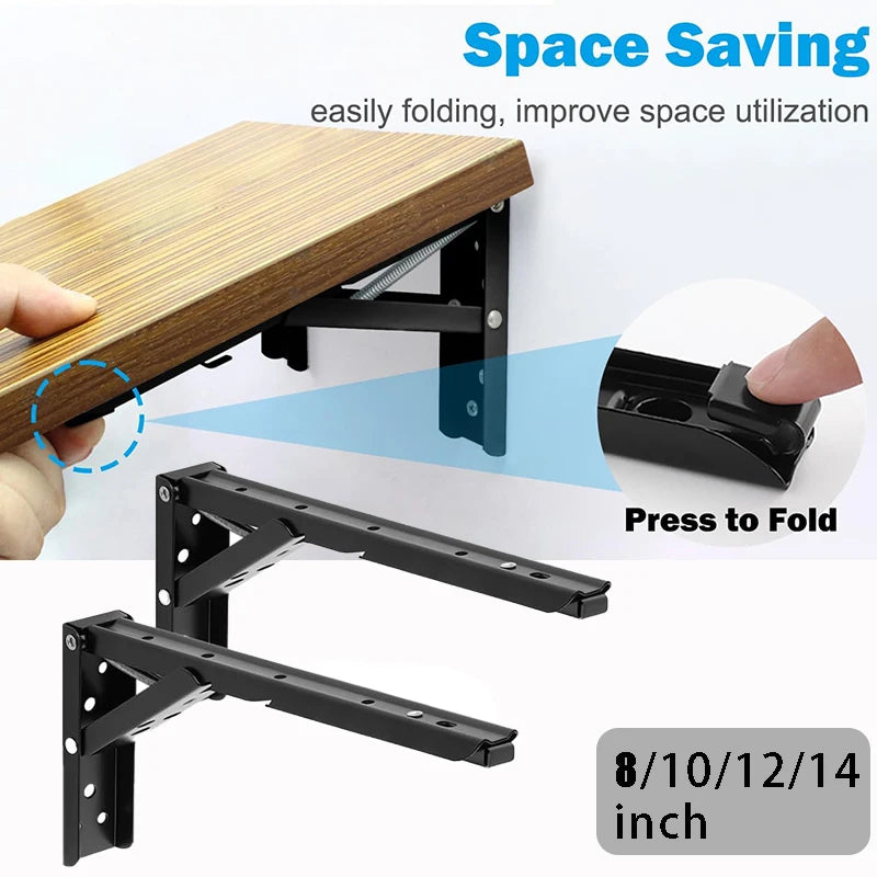Folding Shelf Brackets, Black or Steel Finish, Pair