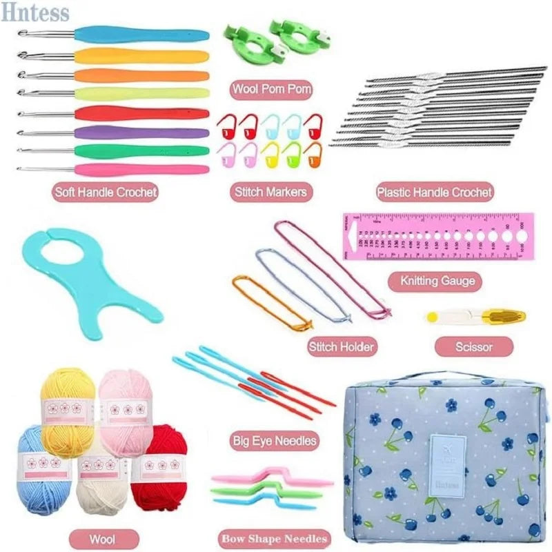 KOVEEN 59Pcs/Set  Portable Crochet Knitting Set DIY Beginner Crochet Hook Kit With Storage Bag Material Pack and Storage Tools 