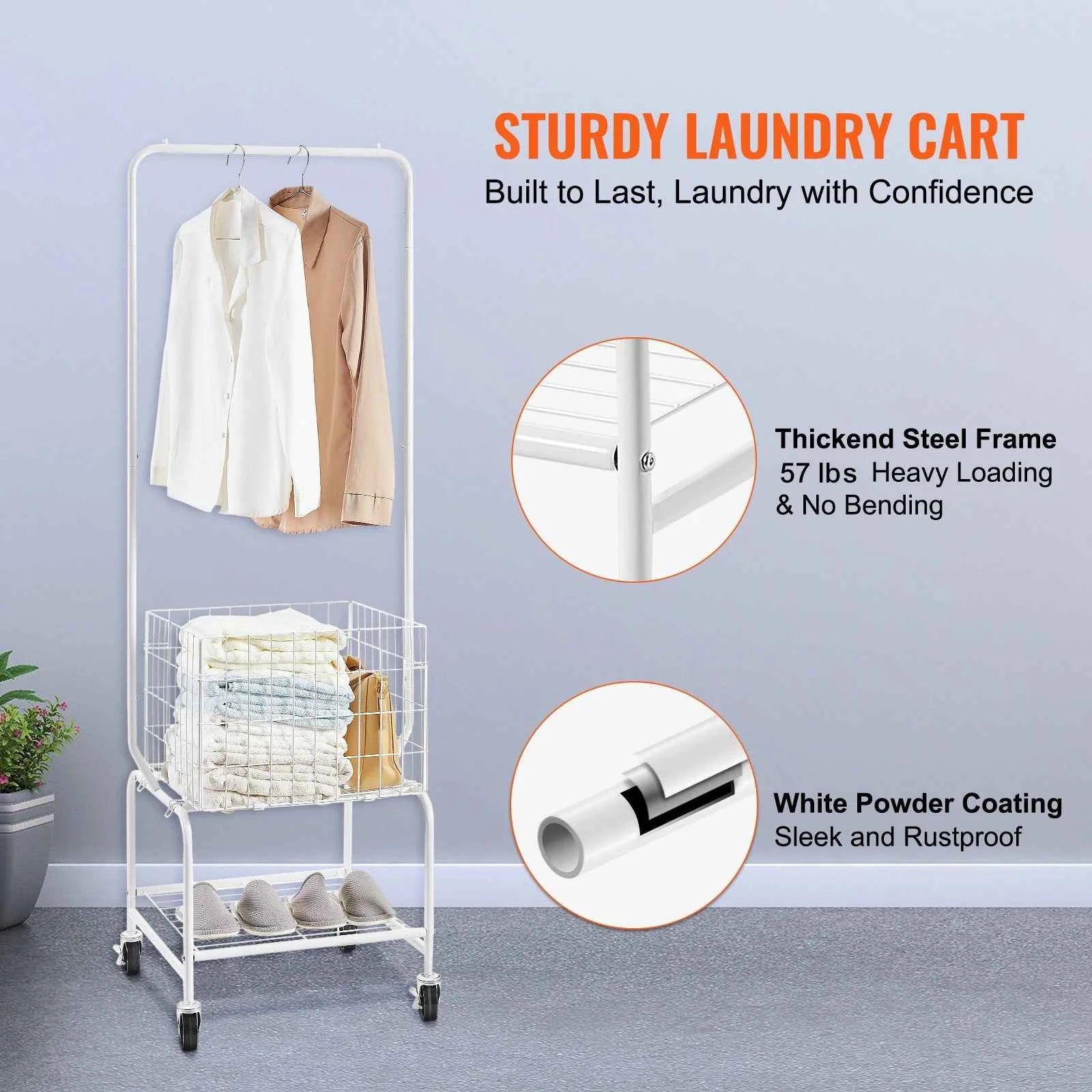 VEVOR Height Adjustment Laundry Hamper Cart with Basket Load and Shelf Load Storage Organizer with Heavy Duty Lockable Wheels