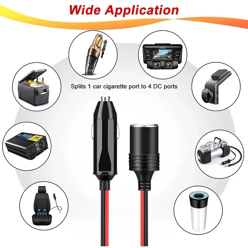 3-Way Car Cigarette Lighter Socket Splitter 12V/24V Extension Cable