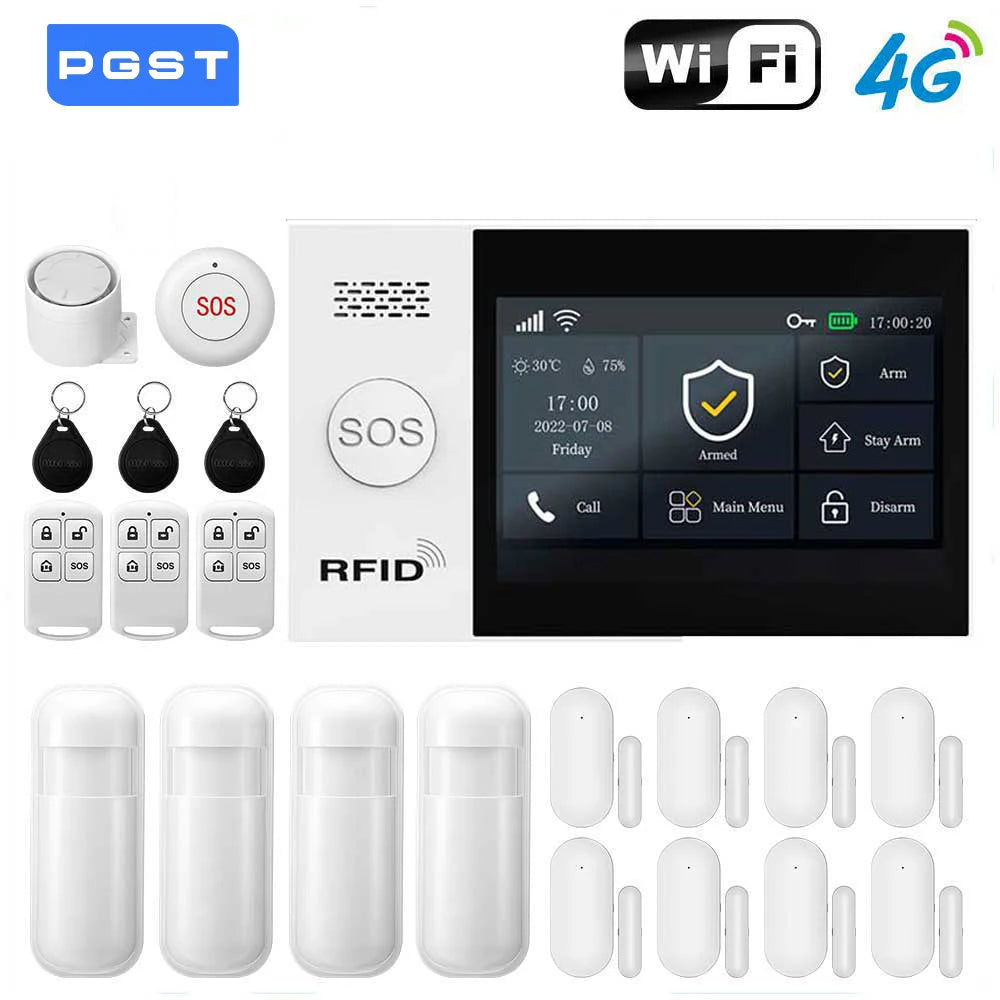 PGST Wireless Home Security Alarm System Work with Tuya 4G 2G GSM WIFI Smart Home 433MHz App Control With Alexa