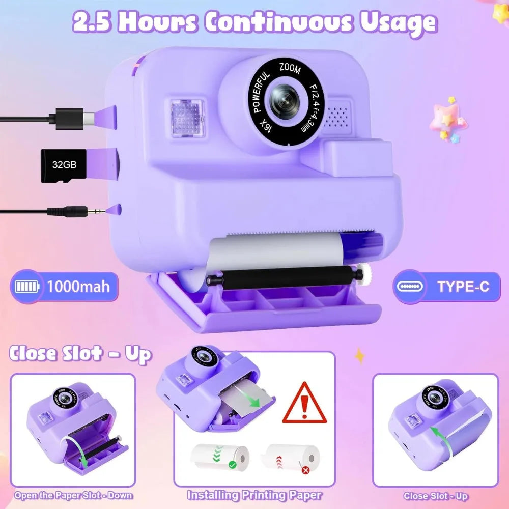 Educational Thermal Instant Print Camera with 32GB Card, 1080P Mini Digital Video Camera for Kids