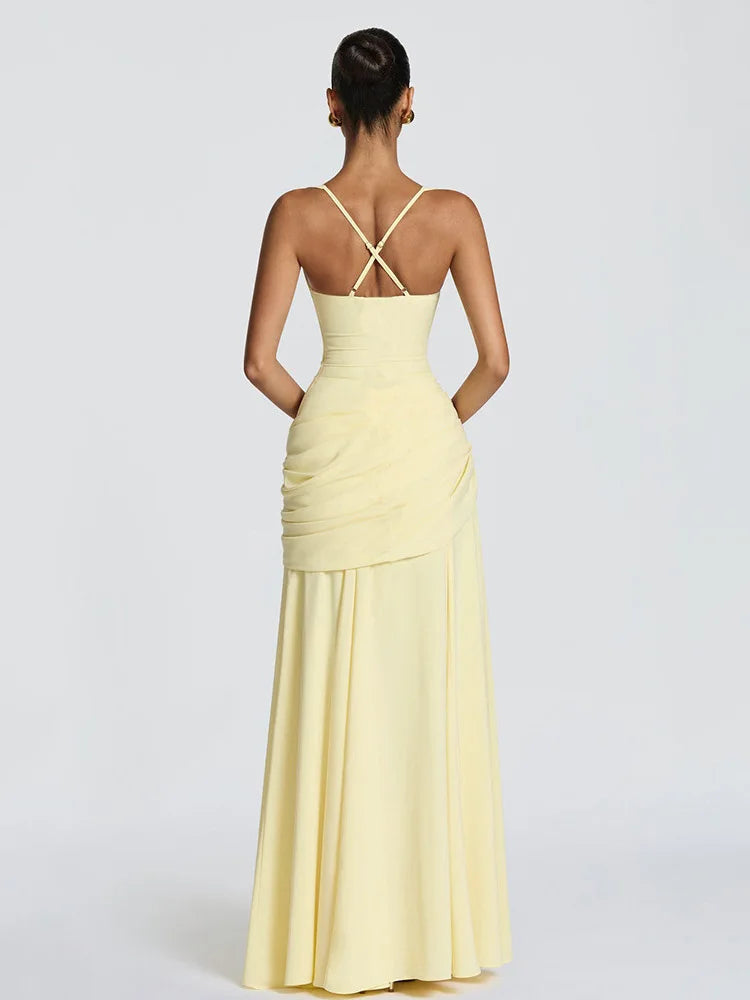 Women’s Elegant Ruched Backless Maxi Dress with Square Neck