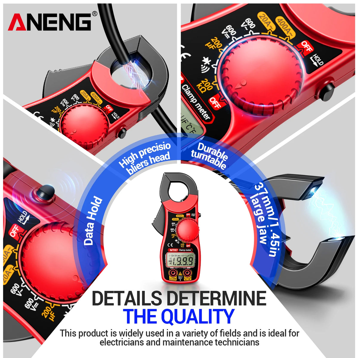 ANENG MT87 Clamp Meter, 400 A AC, 1999 Counts, NCV and Data Hold