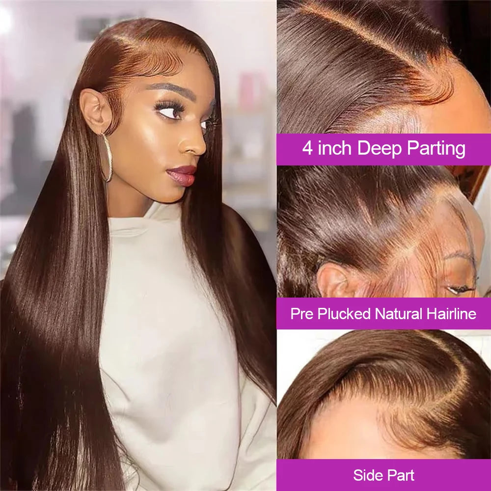 HD Chocolate Brown 13x4 Bone Straight Lace Front Wig Remy Brazilian 13x6x1 Lace Frontal Wigs For Women Human Hair Preplucked 