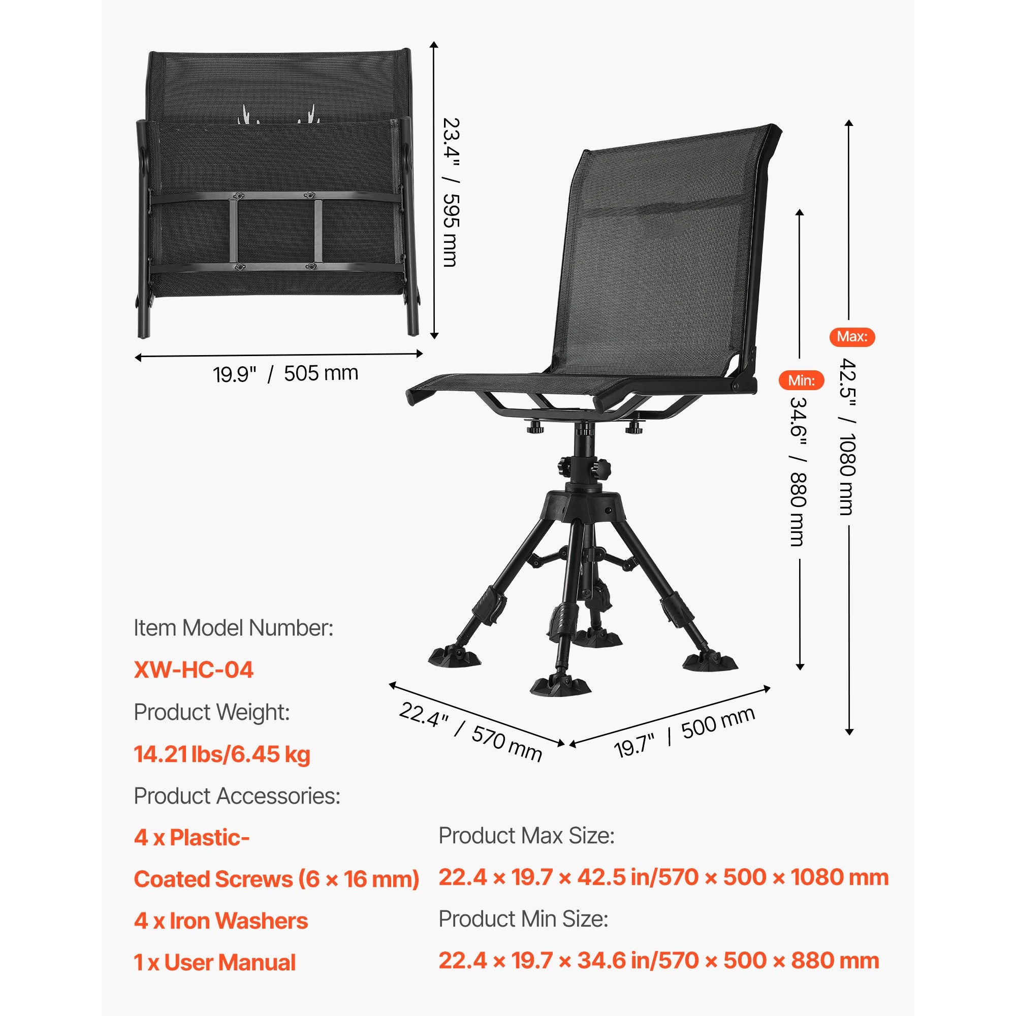 SucceBuy Hunting Chair 360° Silent Swivel Foldable Blind Chair Steel Frame Ground Stool Seat 300Lbs/350Lbs Capacity for Fishing