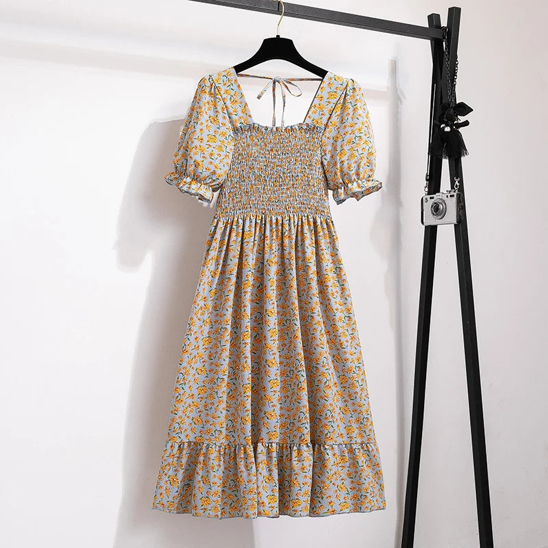 Summer Pleated Women Chiffon Dresses Casual Beach Holiday Short Sleeve Square Collar Woman Midi Dress Bohemian Mujer Vestidos 