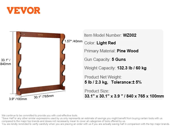 Wall Mounted Wooden Gun Rack with 5 Slots & 132 lb Capacity