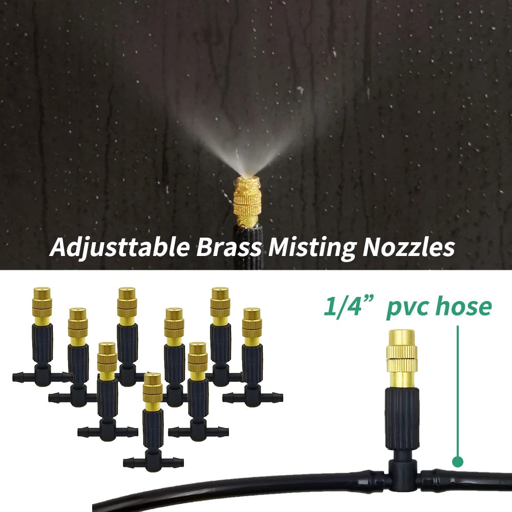 15M-30M Outdoor Misting Cooling System Garden Irrigation Watering 1/4'' Brass Atomizer Nozzles 4/7mm Hose for Patio Greenhouse 