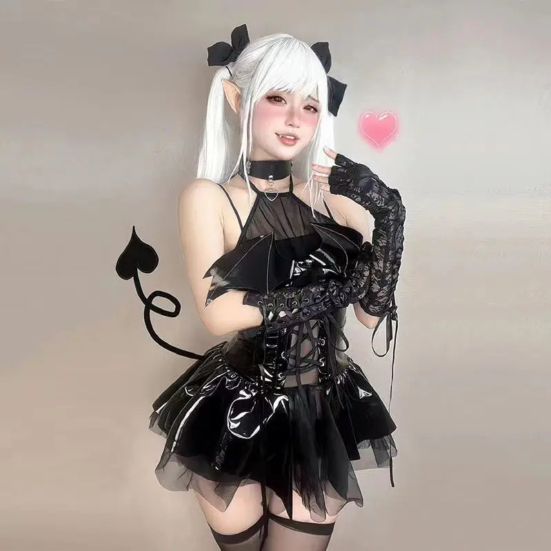 AltGoth Sexy Cosplay Pu Dress Women Harajuku Streetwear Grunge Bandage Hollow Out Bats Dress Punk Y2k E-girl Mall Gothic Clothes 