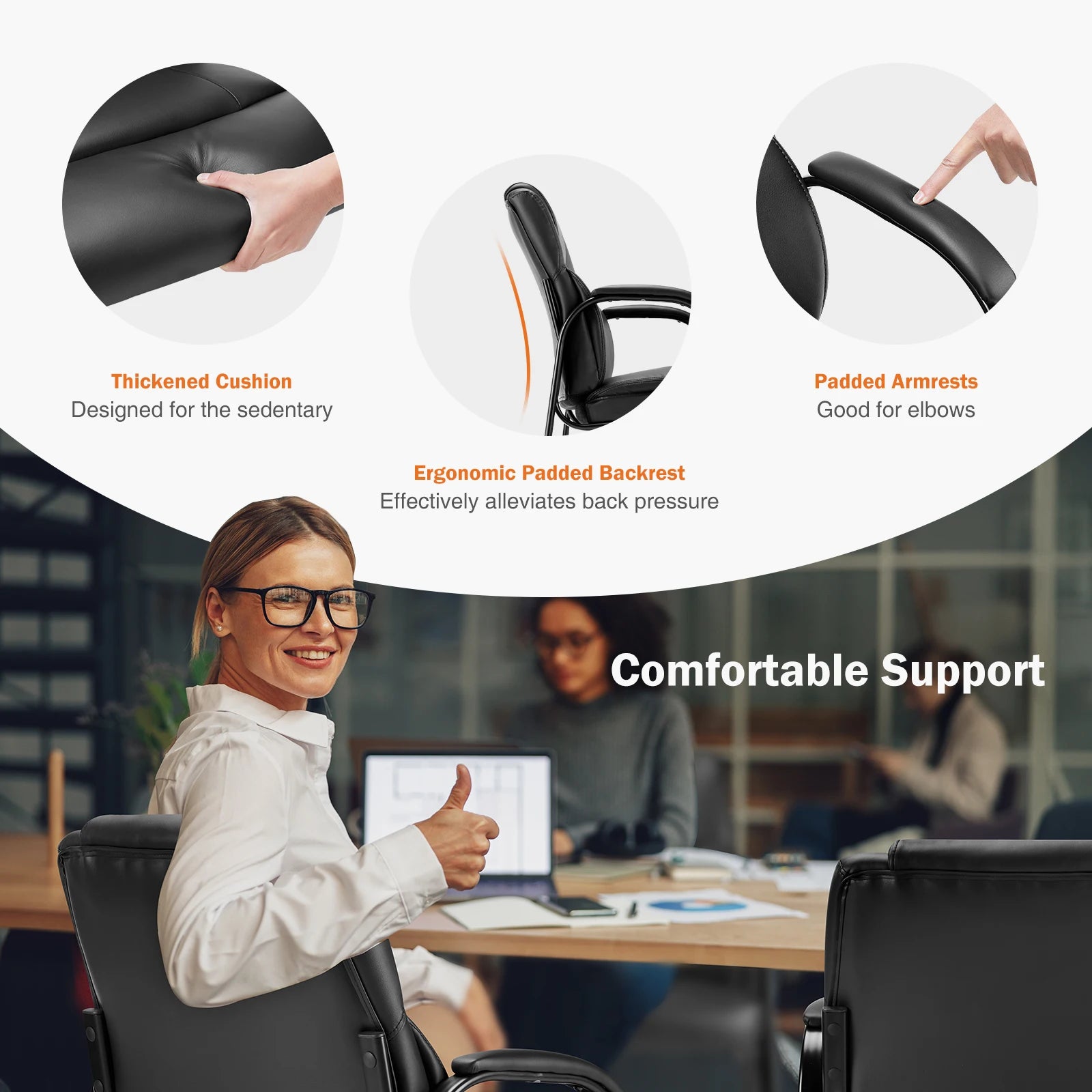 Ergonomic PU Leather Office Guest Chair with Padded Arms and Backrest